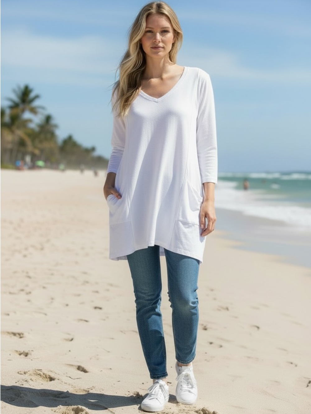 White Oversized V-Neck Tee with scoop pockets Size 1X